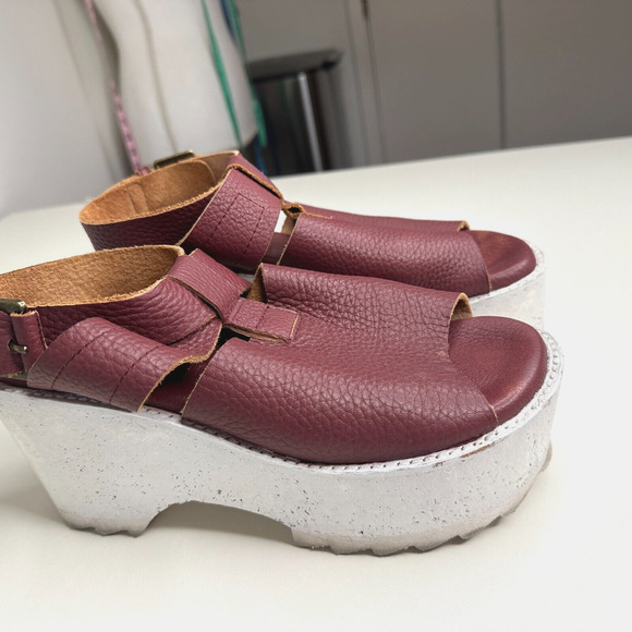 Anthro Gee Wawa Eggplant Leather White Platform Open Toe Ankle Strap Sandals 8 - Picture 3 of 10